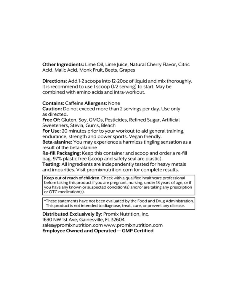 Promix 380g beta alanine b12 tyrosine taurine caffeine monk cherry lime pre workout benefits 2 1000x eafef693 af34 4a5a babb a8aac8a08a7f